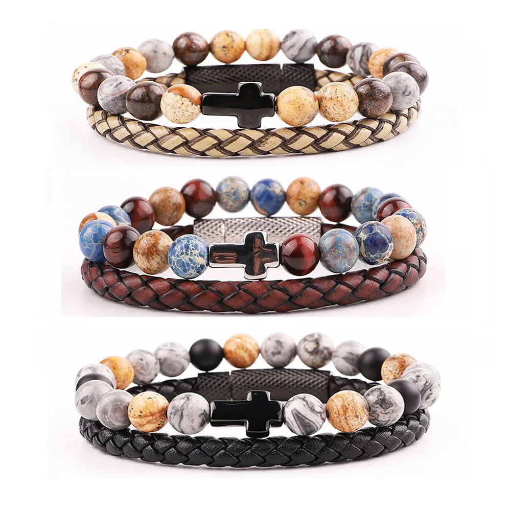 Mens Natural Stone Bracelet Jewelry Vintage Color Genuine Leather Stainless Steel Cross Charm Elastic Bracelet Set
