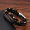 European Hotselling Natural Tiger Stone Beads Bracelet Stainless Steel Clasp Leather Multi Layer Braided Wrap Bracelet OT-049