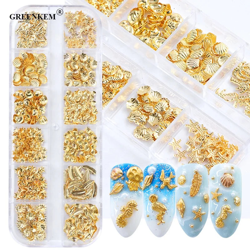 GREENKEM 12 Grids Mixed Hollow 3D Nail Art Decorations Mix Metal Frame Charms Jewelry DIY Manicure Designs Matching Accessories