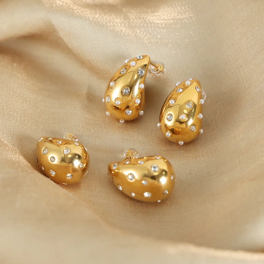 Non Tarnish Gold Plated Chunky Chubby Hoop Earrings Minimalist Stainless Steel Statement Large Pearls Cubic Zirconia Earrings