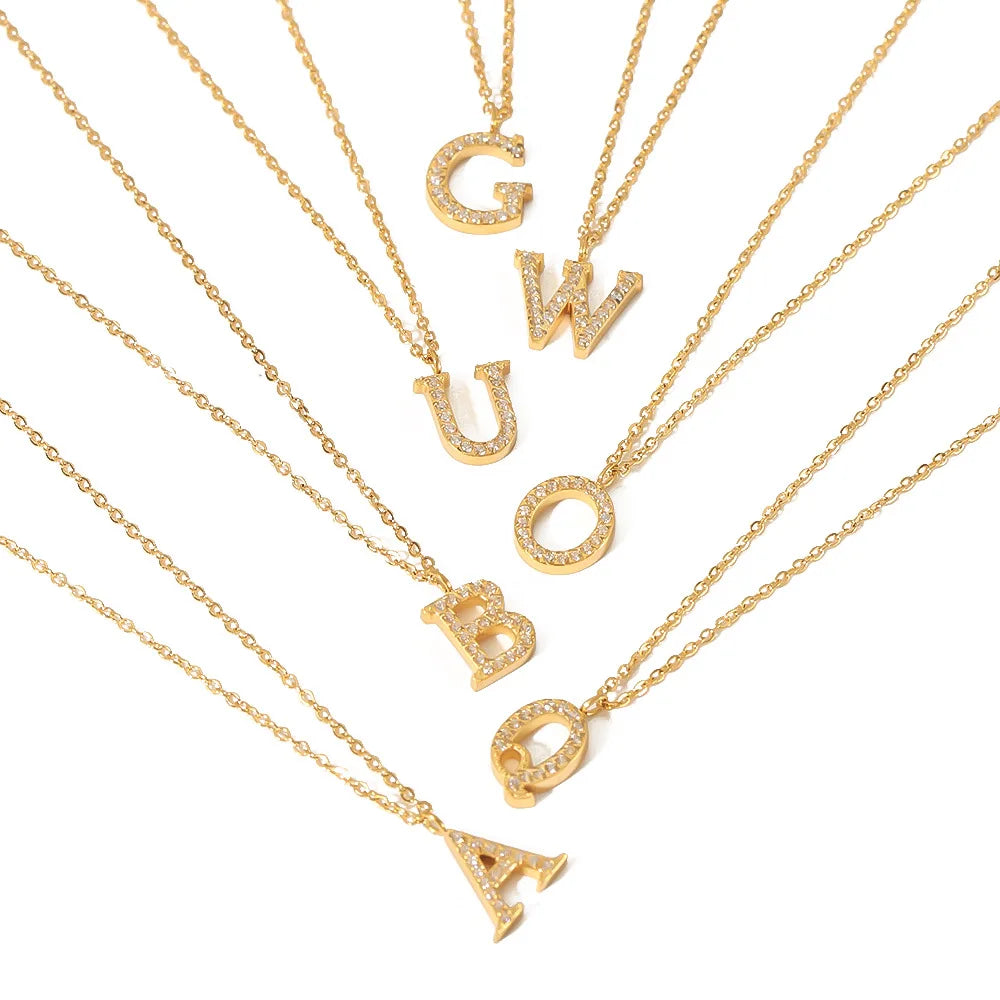 Personality Luxury Hot 26 Letter Necklace Full Diamond English Pendant All-Match Stainless Steel 18k Gold Clavicle Chain Female