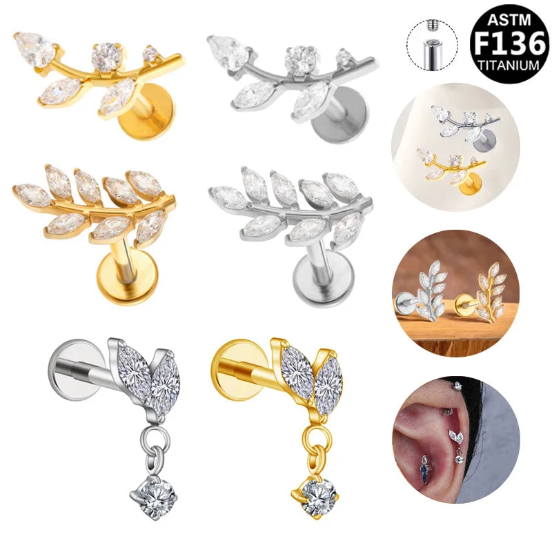 Gaby ASTM-F136 Titanium Cartilage Studs Gold Plated Flatback Internal Thread Earrings Wholesale Helix Piercing Jewelry for Gift