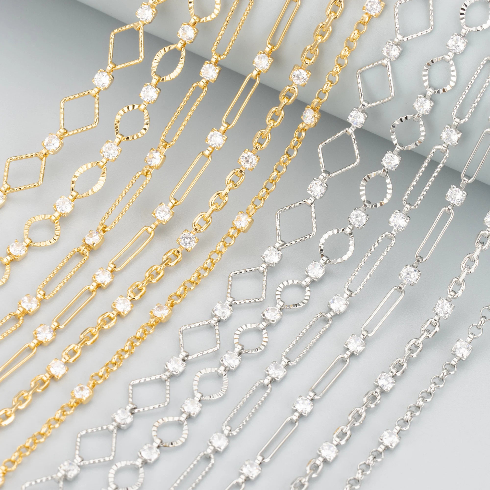 C297 DIY Chain 1m/Lot 18k Gold Rhodium Plated Copper Zircon Handmade Jewelry Making Accessories for Bracelets Necklaces