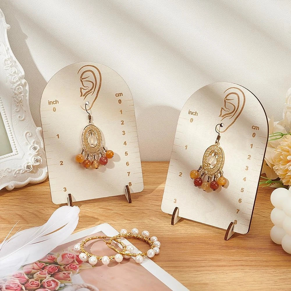 Tailai Natural Wooden Ear Shape Earring Display Stand with Measurement Scale for Jewelry Making and Earring Organization