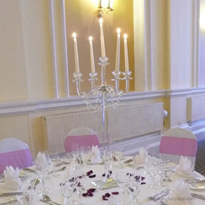 Popular Clear Glass Candle Holder with 5 Arms Tall Crystal Candelabra for Wedding Home & Party Decoration for Valentine's Day
