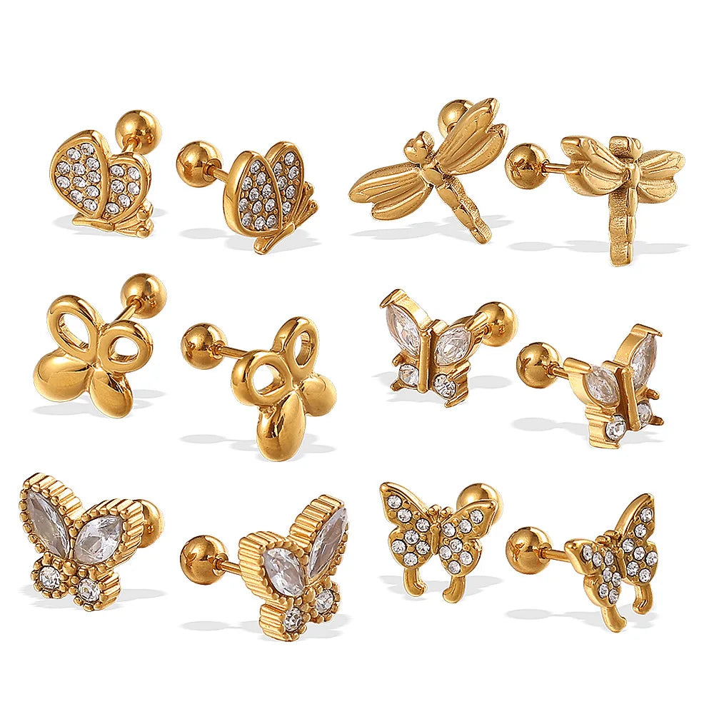 Hot Selling Women's 18K Gold-plated Stainless Steel Earrings Simple and Fashionable butterfly Series Dragonfly Zircon Jewelry
