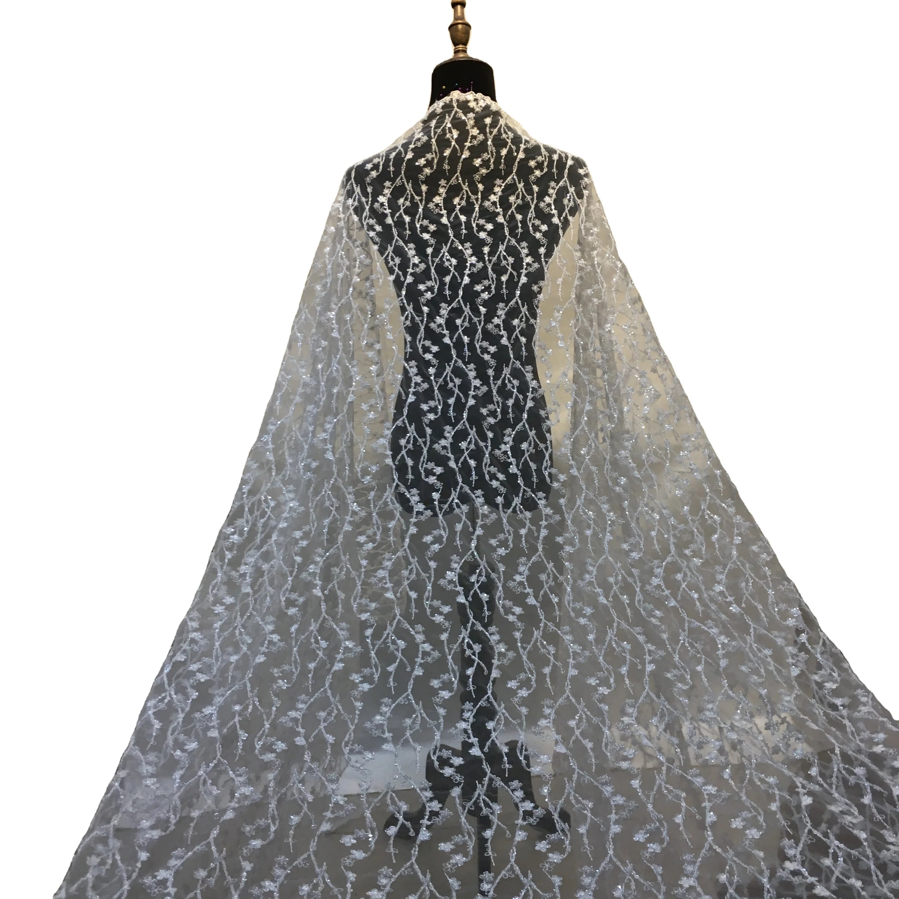 African Sequins French Net Tulle Mesh Lace Beads Embroidery White Beaded Bridal Lace Fabric