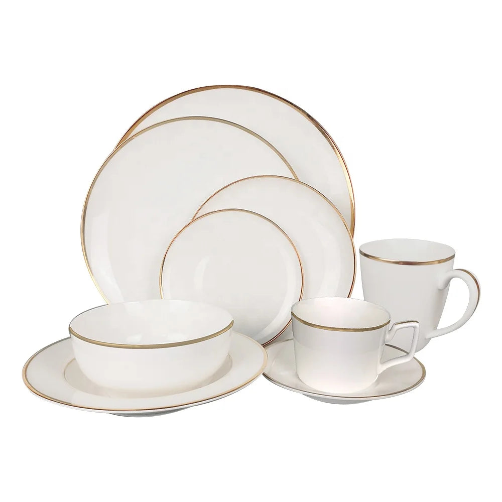 Wholesale Customization Household Tableware White Restaurant Dishes Ceramic Plate Bone China High End Gold Rim Dinnerware Set