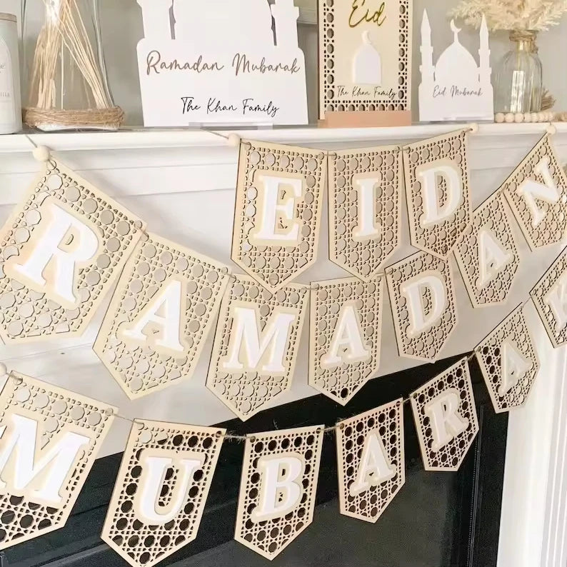 Muslim Eid Mubarak Wood Bunting Wooden Flag Banner for Eid Decorations