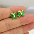 EN1044 Fashion 18K Gold Plated Natural Green Jade butterfly Women Stud Earrings18k Gold Plated Butterfly Insect Studs