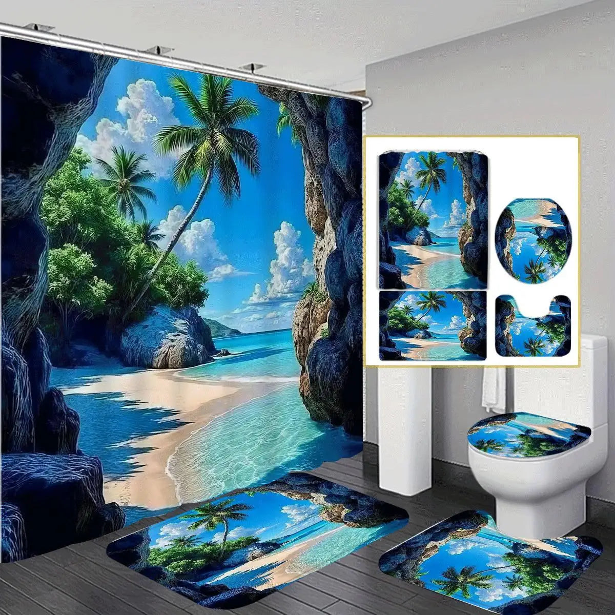 Tropical Beach Scene Shower Curtain Set 12 Hooks & Non-Slip Bath Mat Toilet Seat Cover & U-Shaped Rug Digital Printed-Polyester