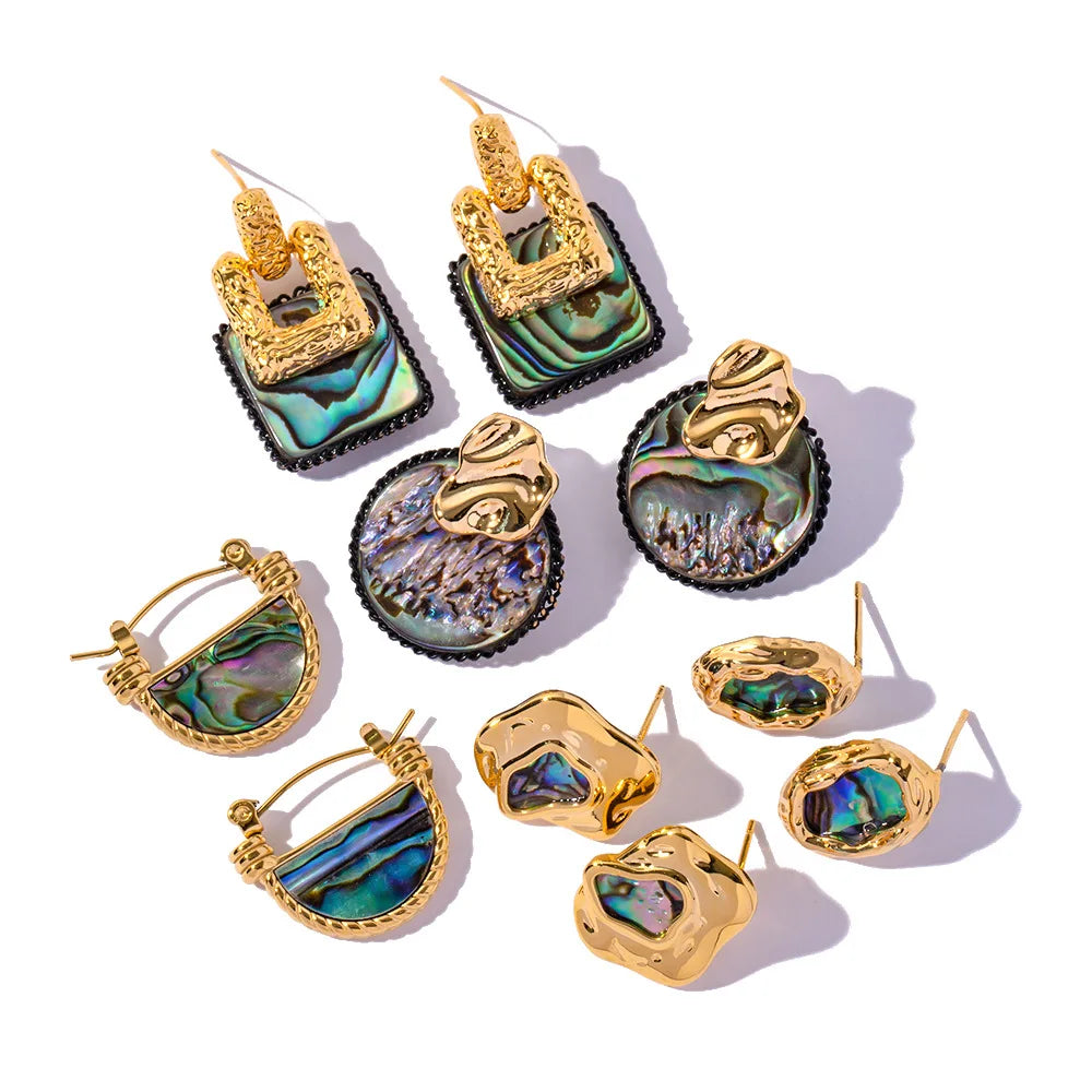 Fashion Hammered Irregular Oval Square Geometric Abalone Shell 18K Real Gold Plated Earrings 90s Vintage
