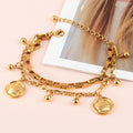 Trendy Double-Layer Winding Chain Hanging Crown Ball Stainless Steel Gold Bracelet Ladies Party Fashion Charm Accessory Gift