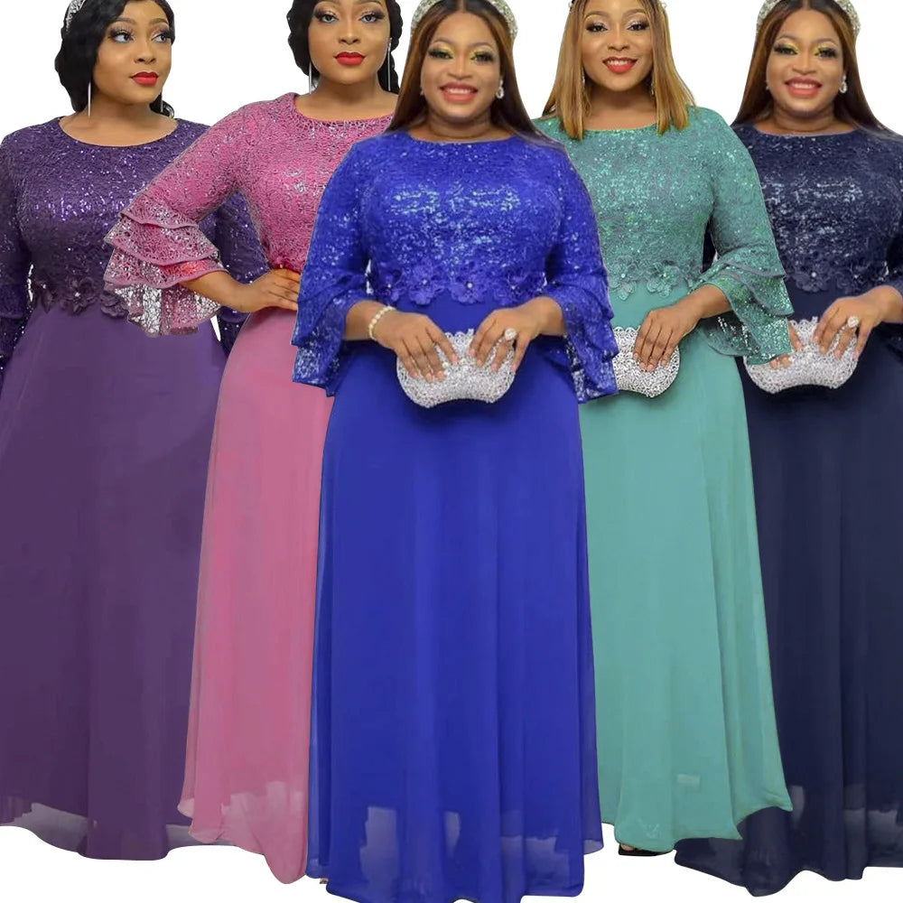 New Hot Selling Women Plus Size Long Sleeve Loose Casual Dresses African Clothes Chiffon Evening Pleated Dress