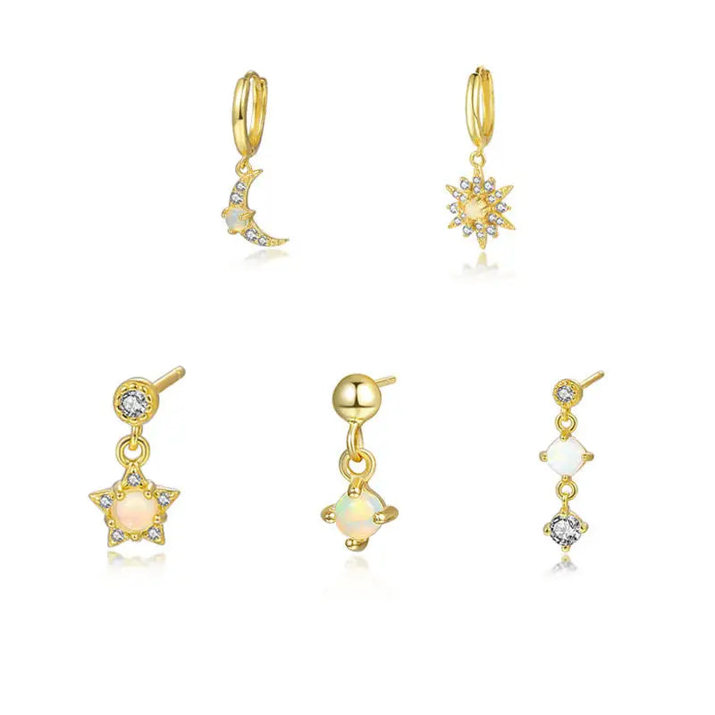 Hot Trending 18K Gold Round Opal Stone Earrings Sets 925 Silver Natural Opal Moon Star Drop Stud Earrings Sets for Girls