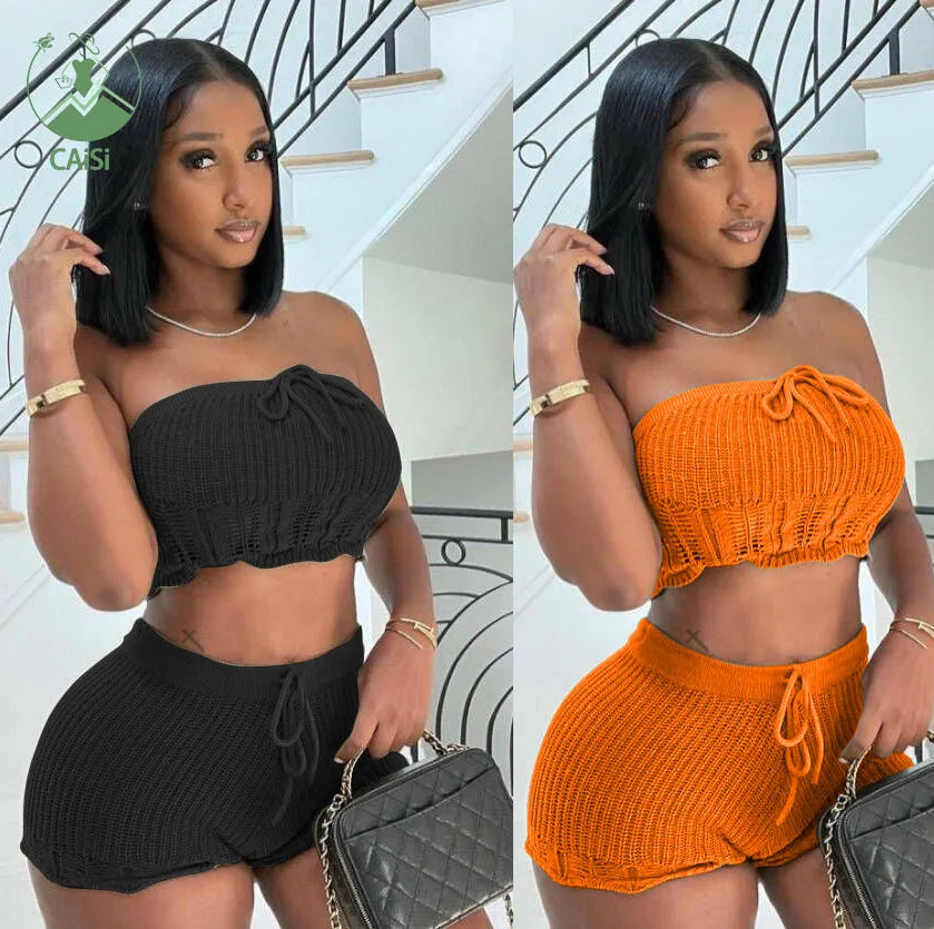 Knitted Womens Summer Shorts Sets 2023 New Soild Color Tube Crop Tops and Shorts 2 Two Piece Set Women Clothing