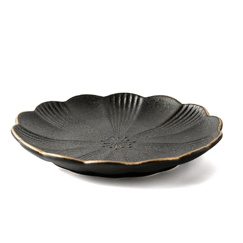Gold Rim Petal Flower Ceramic Round Shape Dishes Bulk Cheap Matte Black Dinner Ceramic Plates for Restaurant Hotel