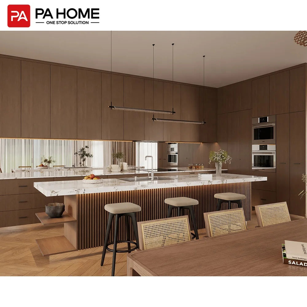 PA Luxury L Shaped Design Solid Wood Matt Finished Smart Kitchen Cabinet With Island Marble Countertop