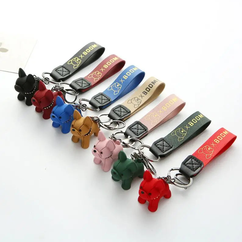 Lanyard Rhinestone Leather Strap Dog Keychains French Bulldog Keychain Car Bag Accessories Crystal French Bulldog Keychain