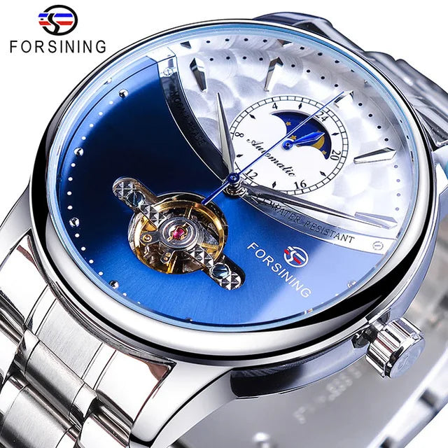 Forsining Men's Fashion Leisure Tourbillon Multi-Function Automatic Mechanical Watch Waterproof Steel Bnad Male Wristwatches