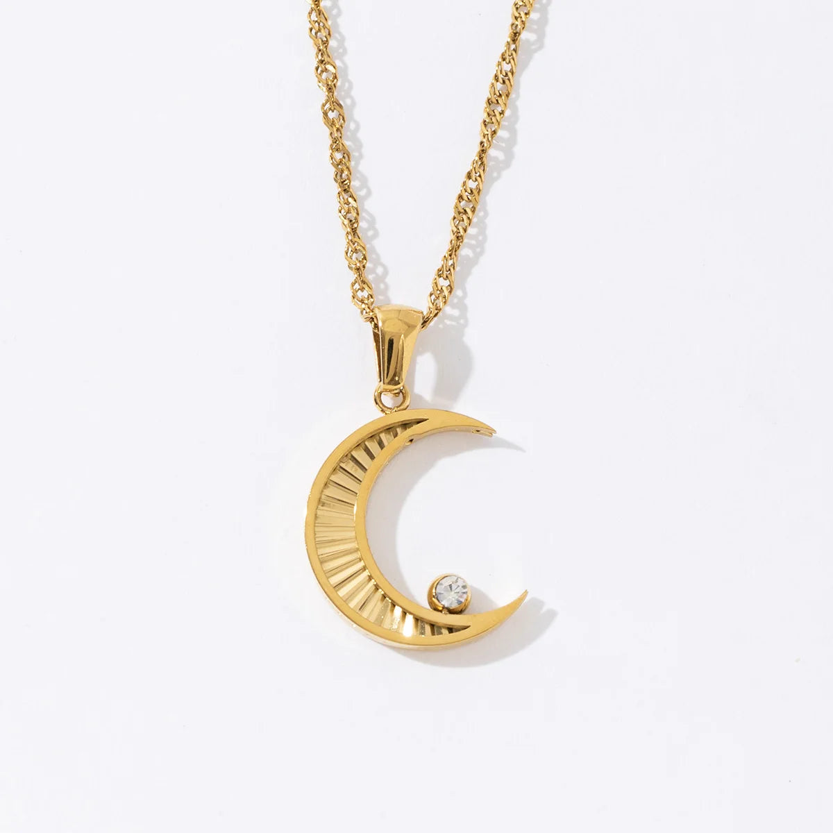 Elegant Style Collar Women's Choker Stainless Steel Gold Color Moon Pendant Necklace with Zircon