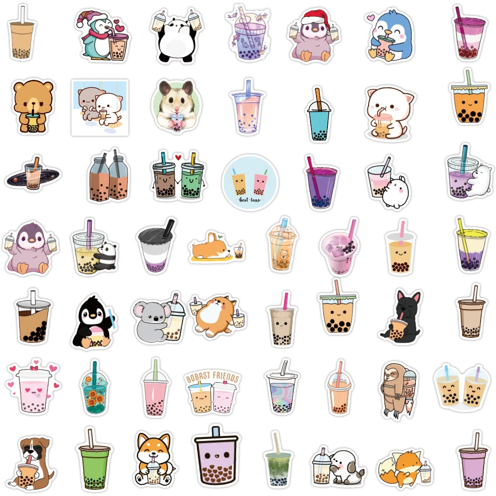 50pcs/bag Cartoon Bubble Tea Stickers Pack for Kids Custom Waterproof Vinyl Decal Laptop Home Decoration Cute Animal Tea Sticker