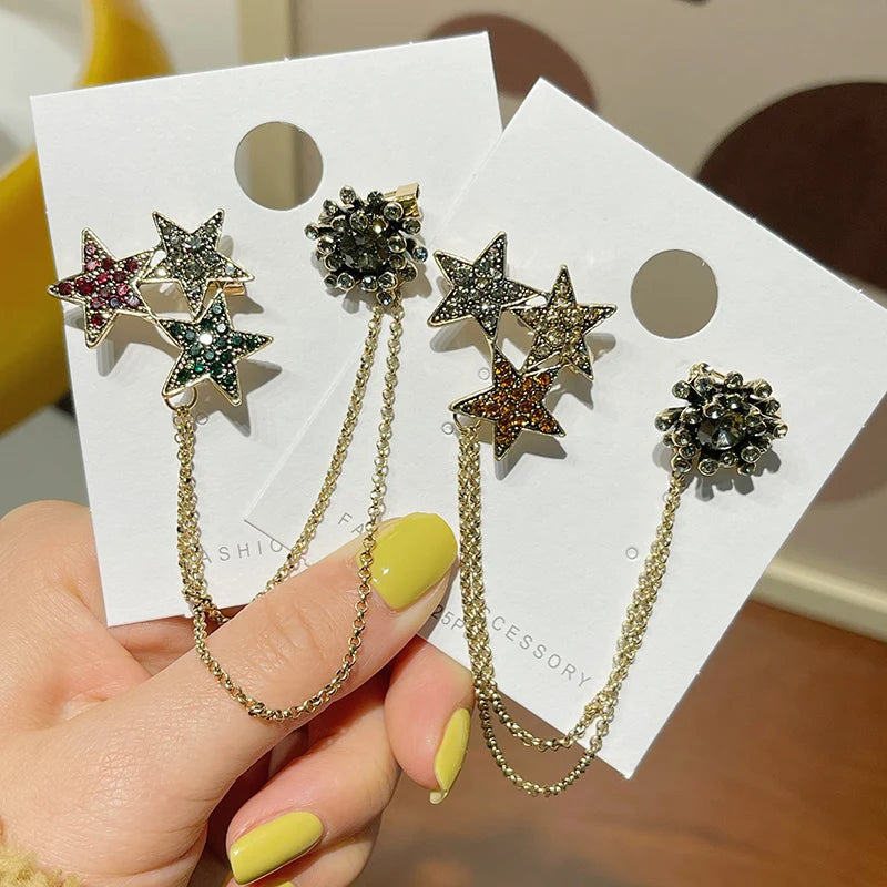 Fashion Color Diamond Star Brooch Pin Link Chain Sparkle Star Badge Rhinestone Lapel Pin Women