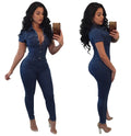 High-Waisted Vintage Denim Bodycon Overalls for Ladies Women's Casual Tight-Fitting Button Pencil Jumpsuits Canvas Knitted
