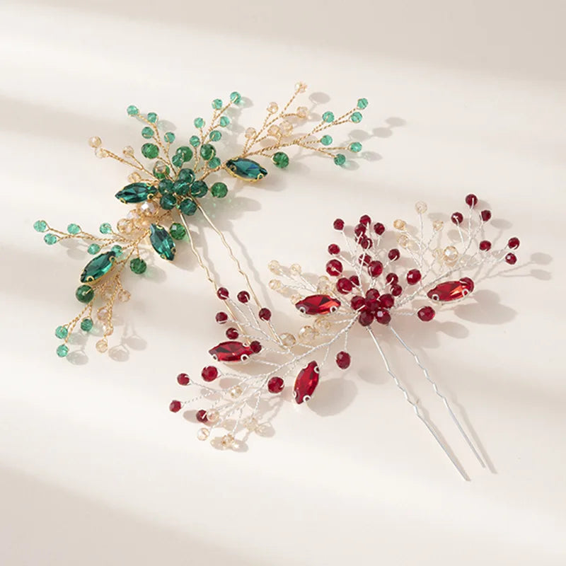 New Women Bride Headwear Korean Simple Handmade Fashion Green Rhinestone Crystal Hairpin