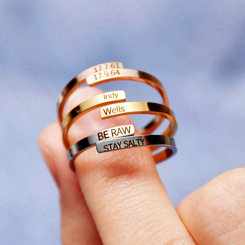Fashion Non Tarnish Silver 18K Gold PVD Plated Adjustable Stainless Steel Personalized Custom Logo Rings Jewelry for Women