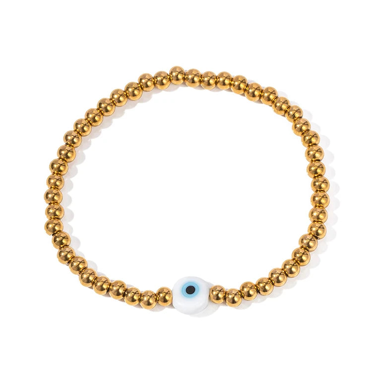 G2089 Wholesale Bracelets 18K Gold PVD Plated Stainless Steel 4MM Beads Elastic Stretch Devil Eye Bracelet for Women