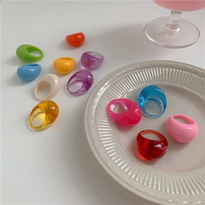 Luoyan Personality Popular Simple Candy Color Resin Rings Geometric Trendy Women Girls Chunky Fun and Colorful Rings