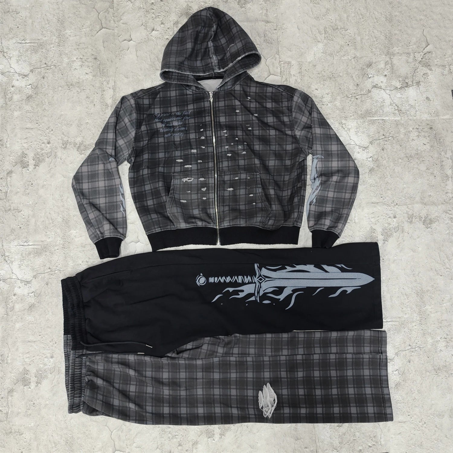 US Free Tax Custom French Terry Checker Two Piece Jogger Set Plaid Sweatpants and Zip up Hoodie Sets for Men