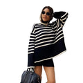Fashion Turtleneck Black White Stripe Sweaters Pullover Knitted Sweater Outside Wear Sweater Blouse
