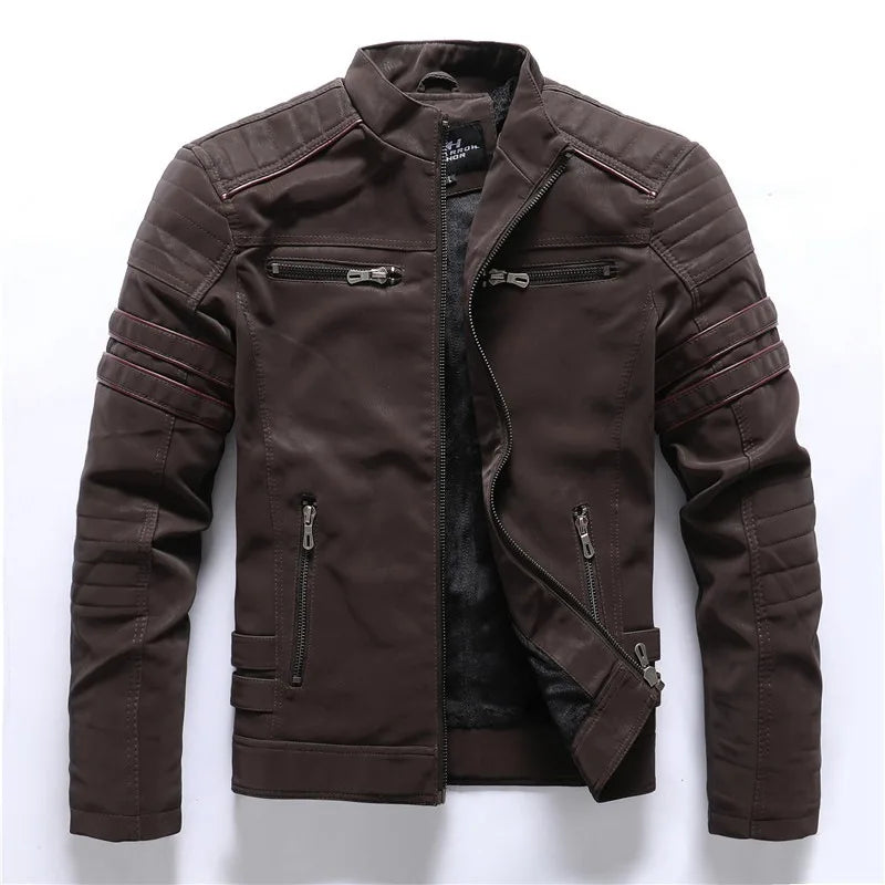 Hot Sale Men's Slim Leather Jacket Top Quality Warm Fleece PU Jacket Fashion Collar Cool Motorcycle Coats Outwear
