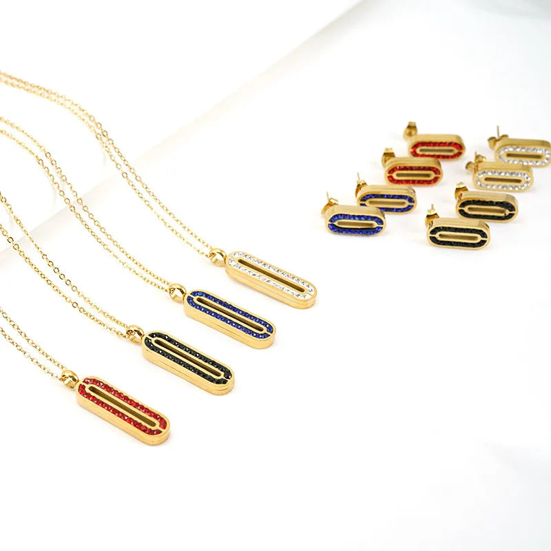 Bling Bling 2 Set Fashion Jewelry Necklace & Earring 18K Gold Plated Stainless Steel Link Chain CZ Diamond Pendant
