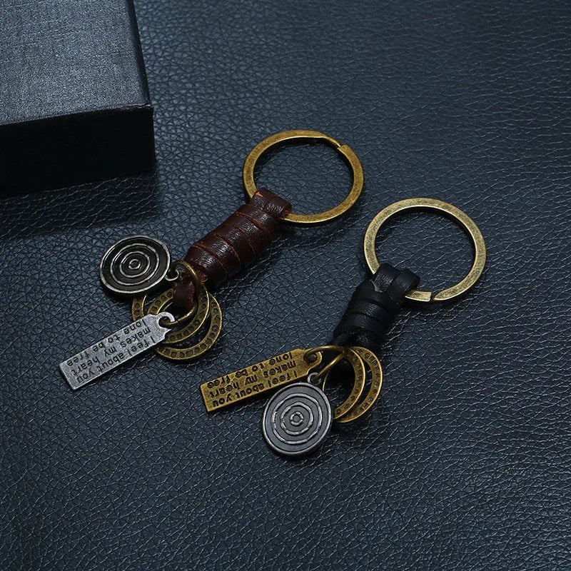 Punk Antique Gold Plated Key Ring Handmade Braided PU Leather Mens Vintage Keychain