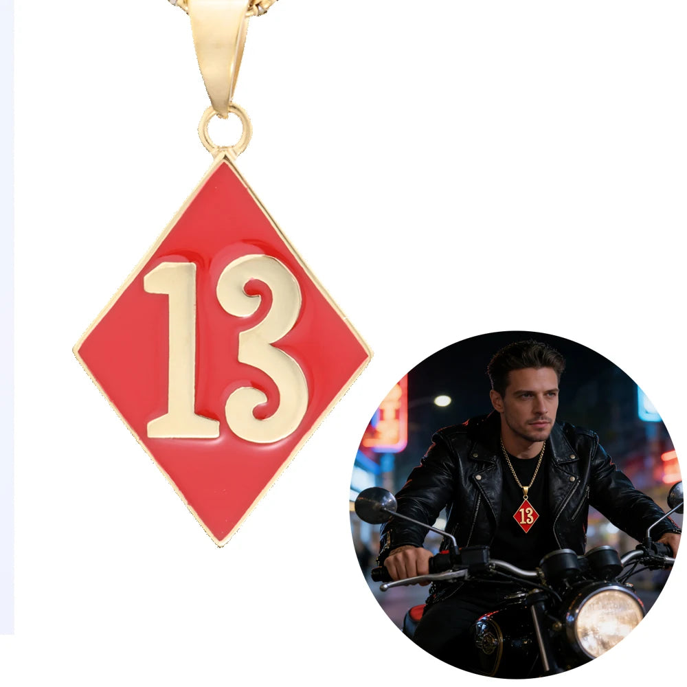 Custom Design Color Stainless Steel Vintage Motorcycle Digital Number 13 Pendants Necklace for Biker Club Member