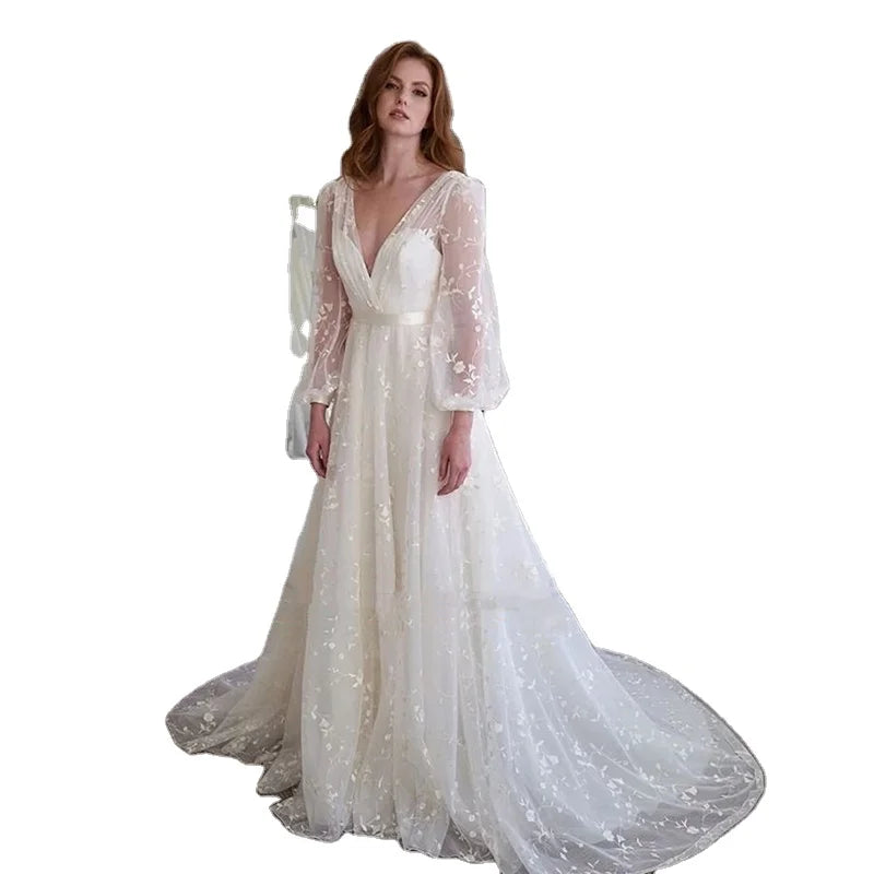 13990# Illusion Long Puff Sleeve Wedding Gown With Belt Elegant Lace Appliques V-Neck Bridal Dress Button Train A-Line Dresses