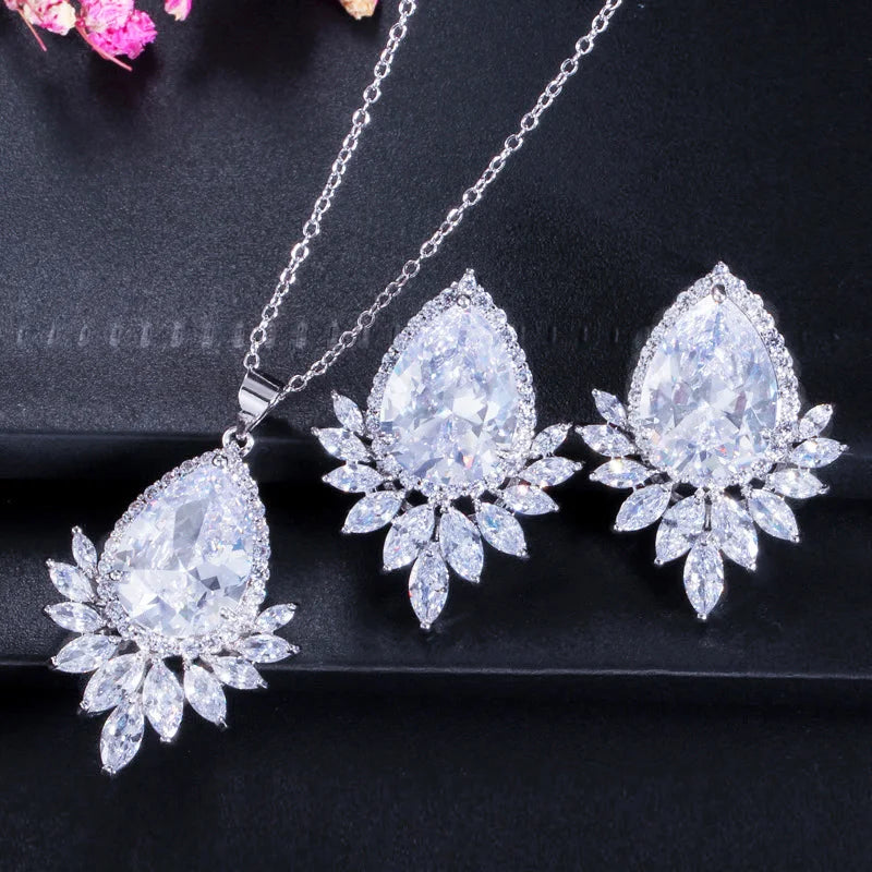 High Quality Silver Plated Cubic Zirconia Stone Girls Jewelry Big Tear Drop Fashion Blue CZ Necklace and Earrings Set for Women