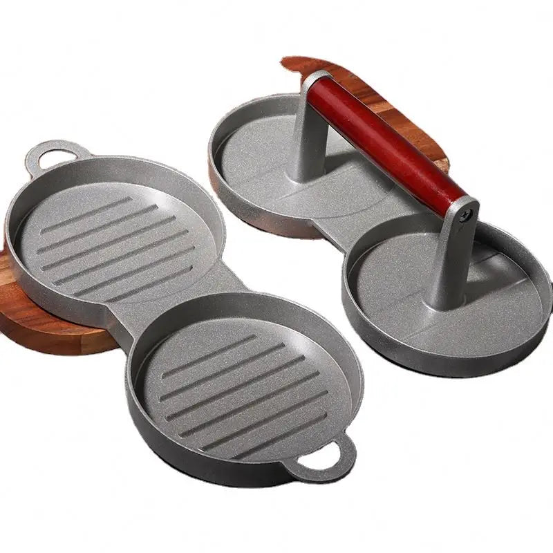 Non-stick Coated Wooden Handle Double Head Burger Press Wholesale  Custom Manual Aluminum Alloy Burger Press