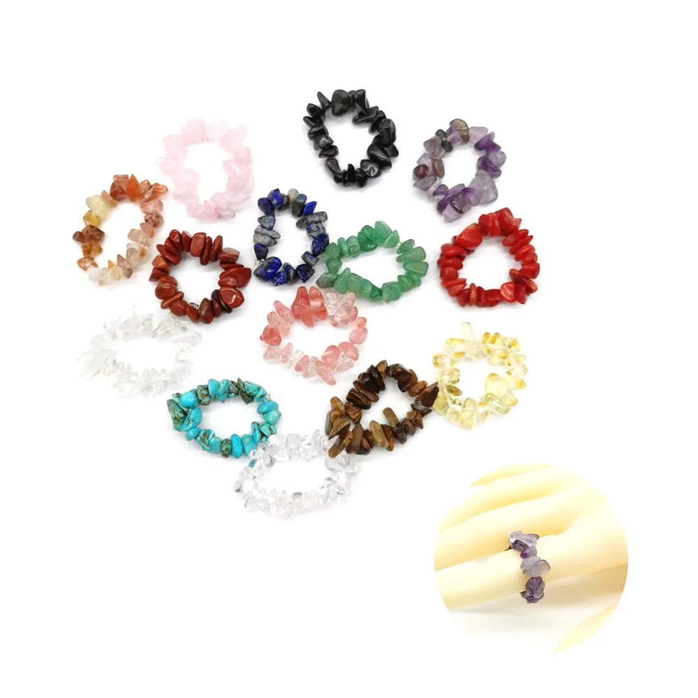 Handmade Natural Crystal Stone Gravel Ring Stretch Rope Gemstone Amethyst Rose Quartz Tiger Eye Opal Elastic Rings for Women