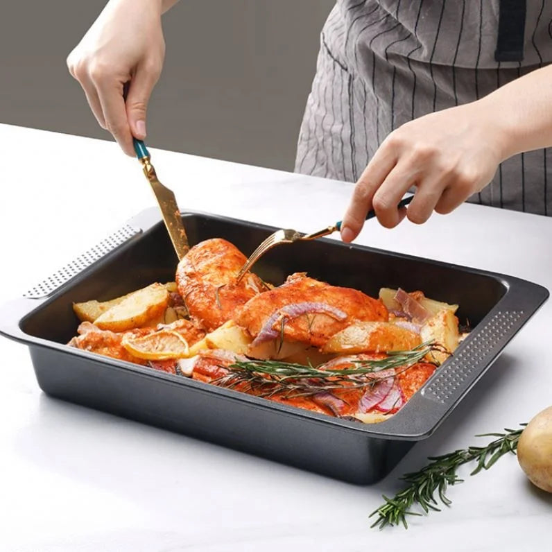 11 Inch Rectangular Pizza Pan 0.8MM Thickened Carbon Steel Baking Tray Non-stick Cake Mold with Handle