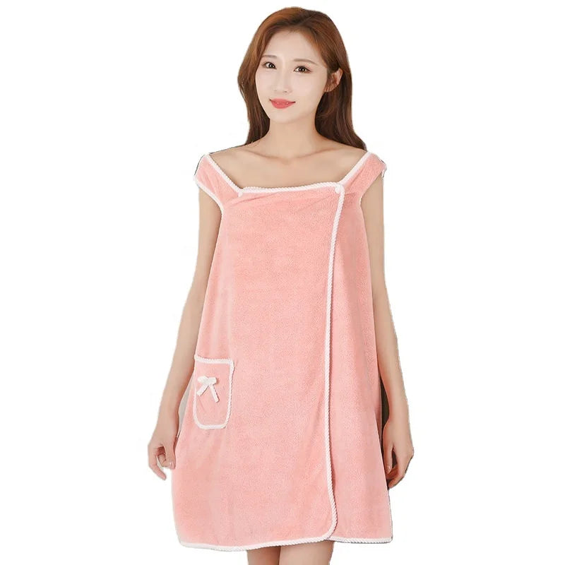 Women Microfiber Plush Bathrobe Strap Customized Color Fleece Ruffle Shoulder Wearable Water Absorption Quick Dry Beach Towel