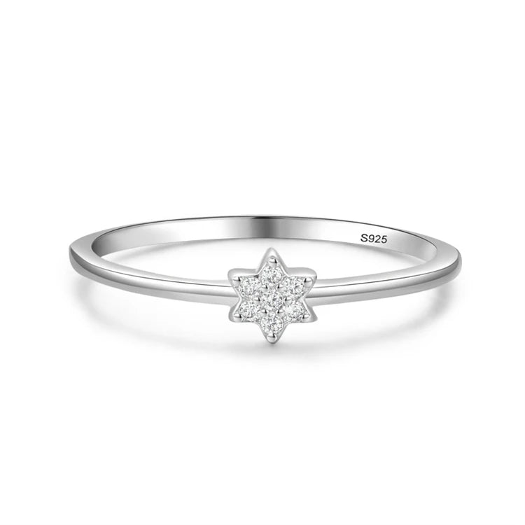 Simple Trendy Jewelry 925 Sterling Silver Hexagon Shape Full CZ Diamond Women Tiny Six-pointed Star Stackable Finger Ring