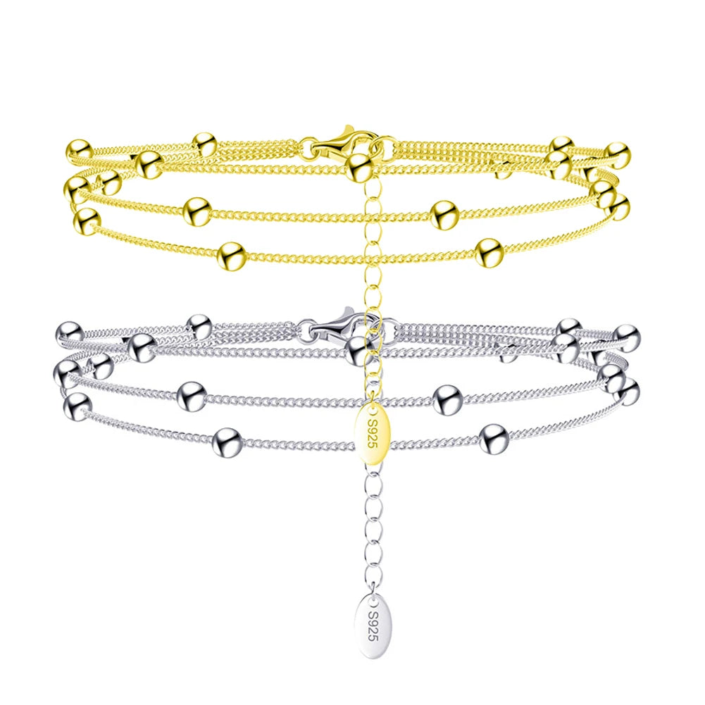 RINNTIN SB173 Fine Jewelry-New Arrival Gold Plated Three Layer Chain Adjustable Bracelet 14k Rice Bead for Women