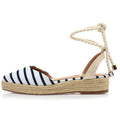 Summer Striped Canvas Breathable Fashion Trend Rubber Sole Lace up Women Espadrilles Sandal Flat Shoes