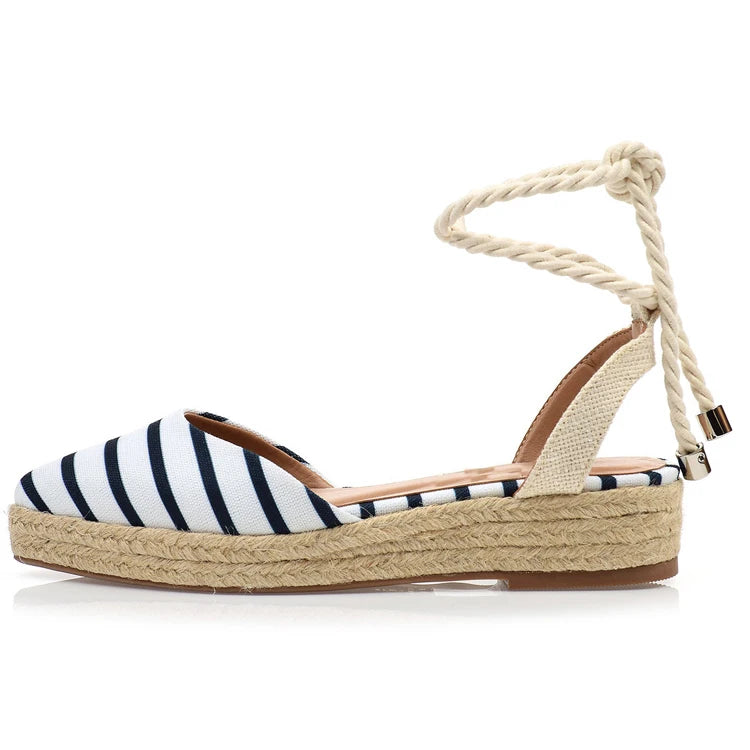Summer Striped Canvas Breathable Fashion Trend Rubber Sole Lace up Women Espadrilles Sandal Flat Shoes