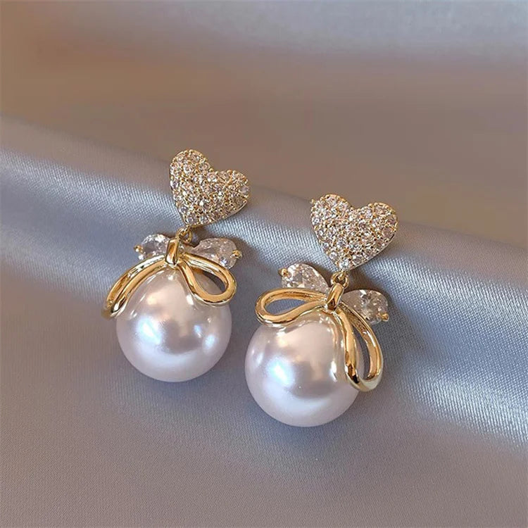 Wholesale 925 Silver Needle Dainty Personality Fashion Design Diamond  Heart Bowknot Pearl Women Earrings