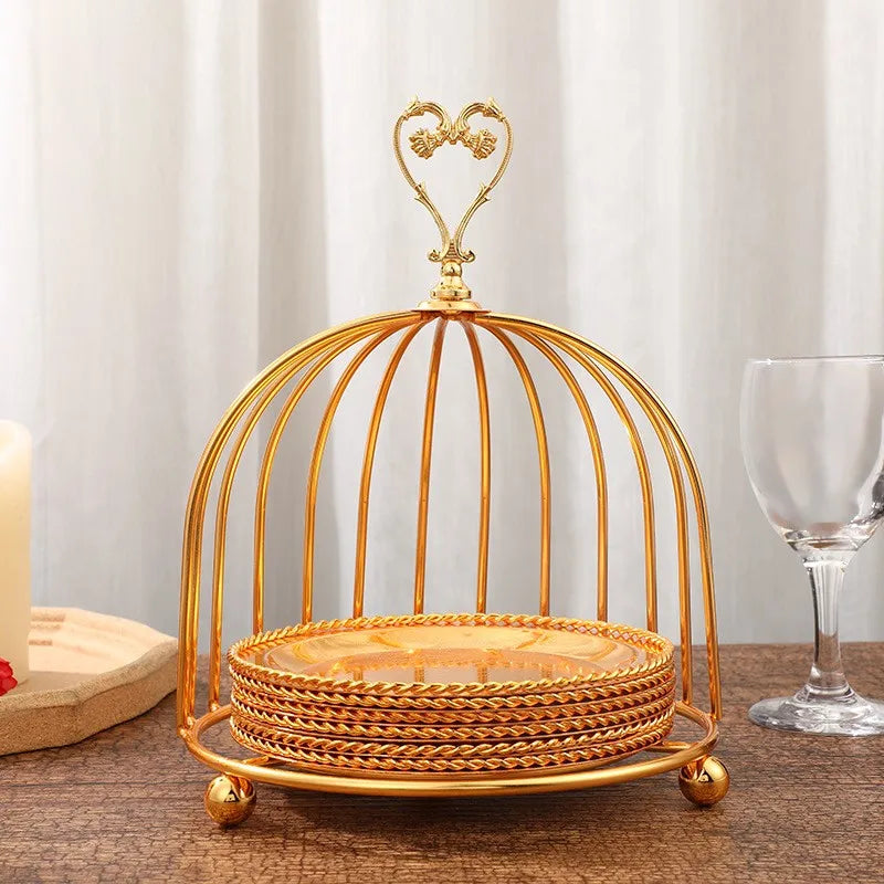 2023 Birdcage Shape Gold Metal  Food Display  Dessert  Cake Serving Trays  Afternoon Tea Heart Rack